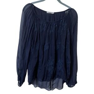 Tendenze Made in Italy Navy Blue Silk Blend Floral Embroidered Blouse Small